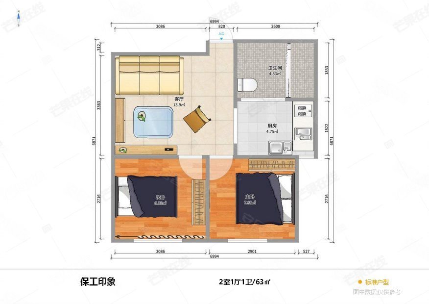 沈阳-铁西-保工-024保工印象2室1厅1卫63.27㎡