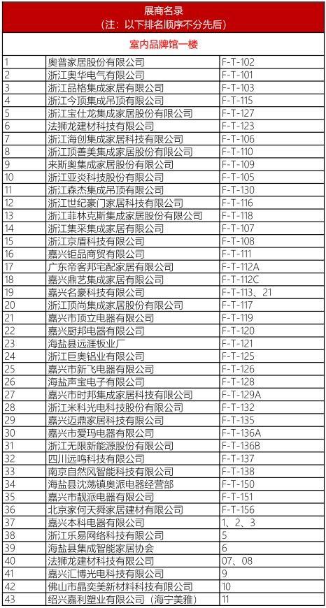 新鲜出炉丨2020第六届嘉兴吊顶展展商名录一览表