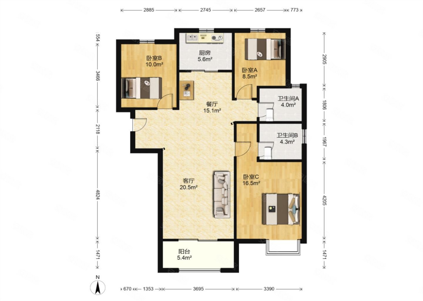 太原-小店-北营-保利茉莉公馆3室2厅2卫123.46㎡