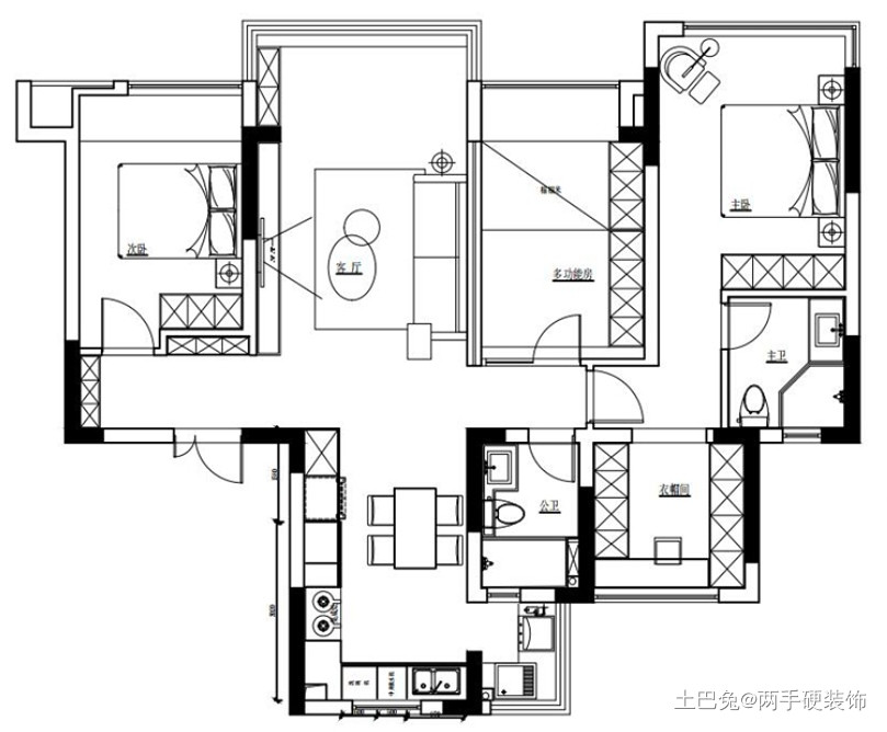 106㎡，两卧室+一多功能间+一衣帽间